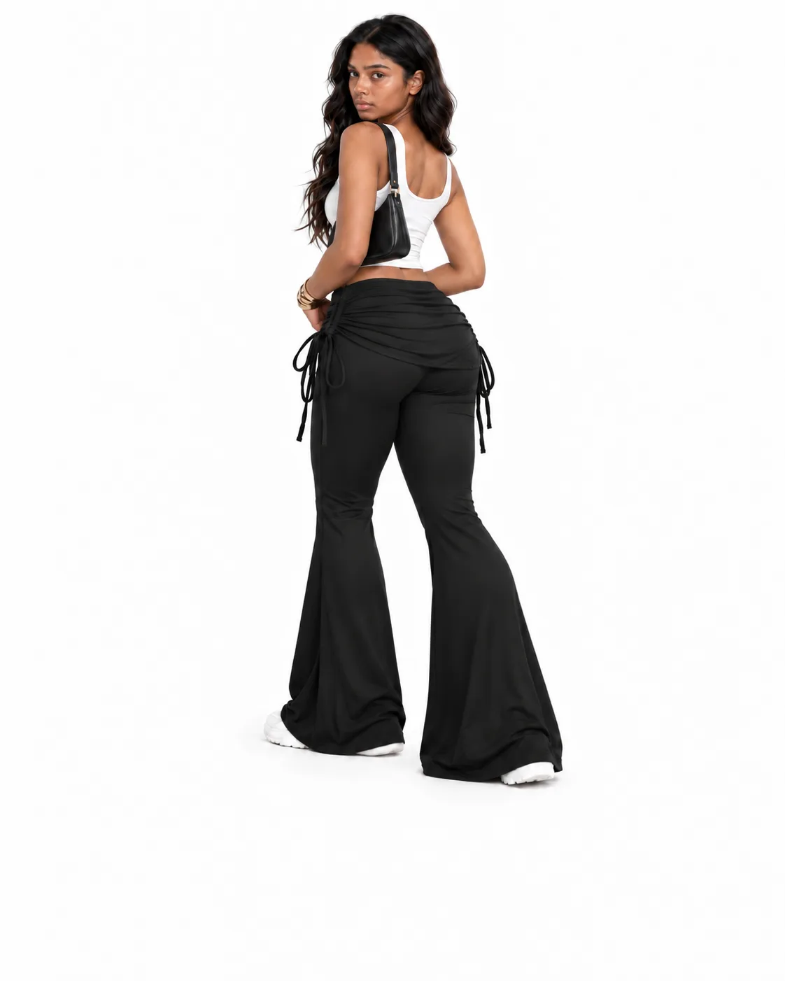 Ruched Drawstring Flare Pants - Black