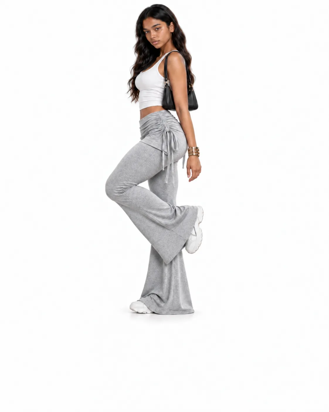 Ruched Drawstring Flare Pants - Heather Gray