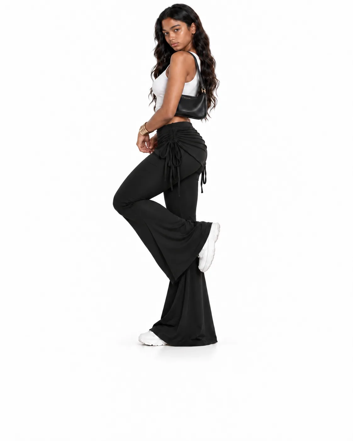 Ruched Drawstring Flare Pants - Black