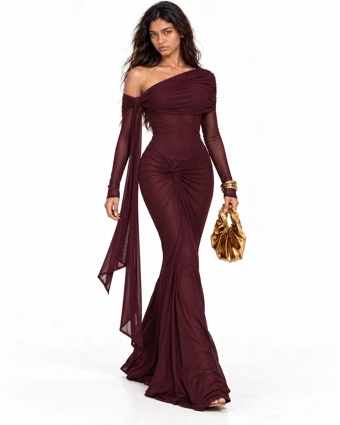 Draped Burgundy Maxi Dress