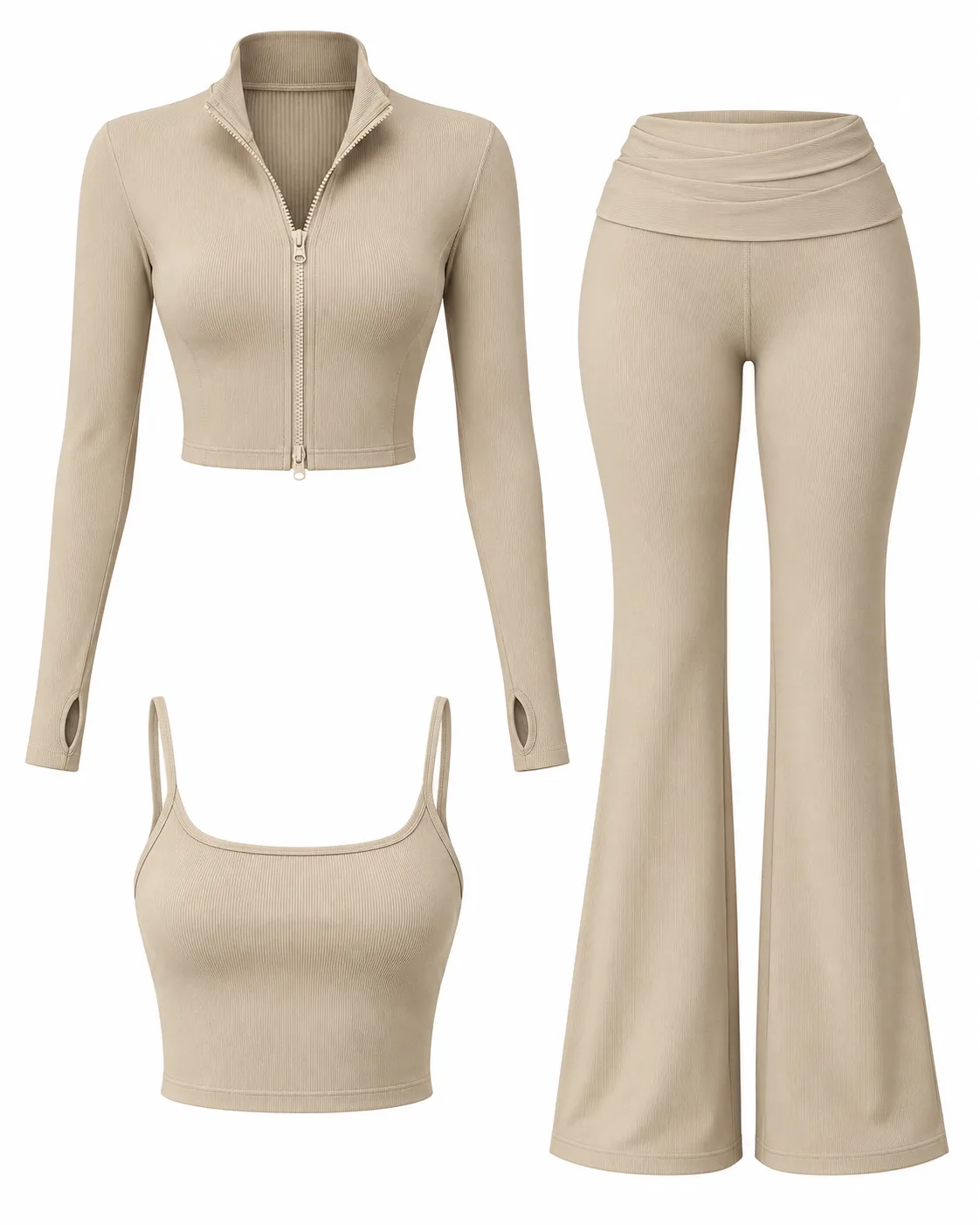 Ribbed 3-Piece Gym Set - Sand Khaki