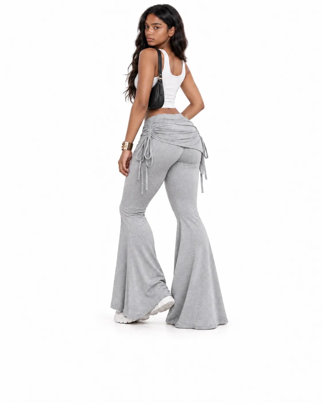 Ruched Drawstring Flare Pants - Heather Gray