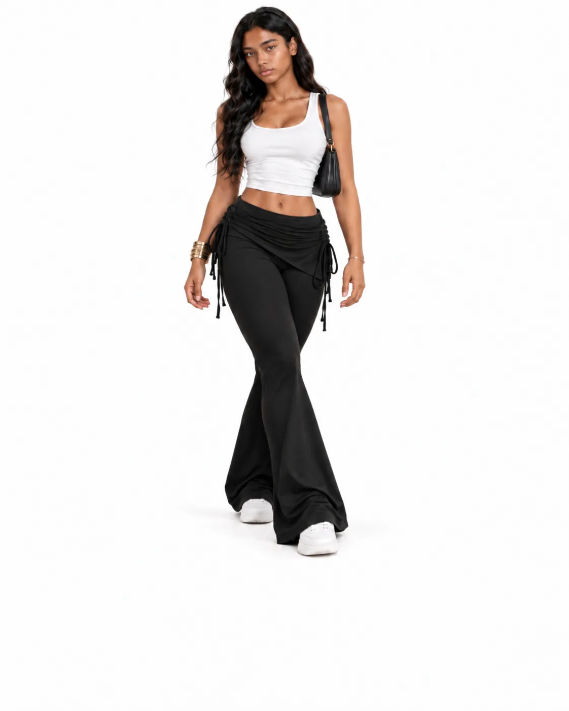 Ruched Drawstring Flare Pants - Black